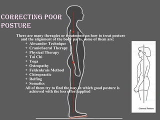There are many therapies or treatments on how to treat posture
and the alignment of the body parts, some of them are:
 Alexander Technique
 CranioSacral Therapy
 Physical Therapy
 Tai Chi
 Yoga
 Osteopathy
 Feldenkrais Method
 Chiropractic
 Rolfing
 Somatics
All of them try to find the way in which good posture is
achieved with the less effort applied
 