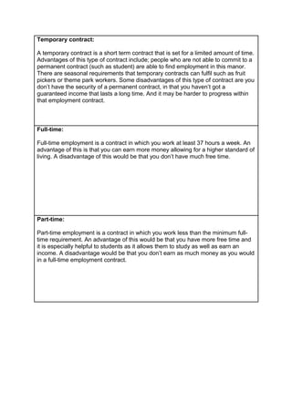 Temporary contract:
A temporary contract is a short term contract that is set for a limited amount of time.
Advantages of this type of contract include; people who are not able to commit to a
permanent contract (such as student) are able to find employment in this manor.
There are seasonal requirements that temporary contracts can fulfil such as fruit
pickers or theme park workers. Some disadvantages of this type of contract are you
don’t have the security of a permanent contract, in that you haven’t got a
guaranteed income that lasts a long time. And it may be harder to progress within
that employment contract.

Full-time:
Full-time employment is a contract in which you work at least 37 hours a week. An
advantage of this is that you can earn more money allowing for a higher standard of
living. A disadvantage of this would be that you don’t have much free time.

Part-time:
Part-time employment is a contract in which you work less than the minimum fulltime requirement. An advantage of this would be that you have more free time and
it is especially helpful to students as it allows them to study as well as earn an
income. A disadvantage would be that you don’t earn as much money as you would
in a full-time employment contract.

 