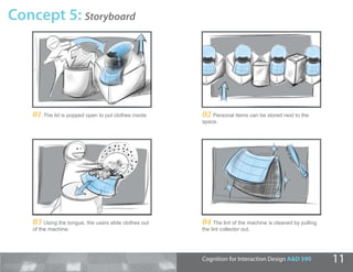 Concept 5: Storyboard




    01 The lid is popped open to put clothes inside    02 Personal items can be stored next to the
                                                       space.




    03 Using the tongue, the users slide clothes out   04 The lint of the machine is cleaned by pulling
    of the machine.                                    the lint collector out.




                                                       Cognition for Interaction Design A&D 590           11
 