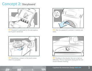 Concept 2: Storyboard




    01 Password is generated on the web applica-   02 After the password is entered, it unlocks and
    tion if paid in advanced.                      starts.




    03 Advertising is shown on the touch screen    04 Pending on the situation the icon is laid out
    when it is occupied.                           differently. The sun represents drying and the rain
                                                   clouds indicates washing.



                                                   Cognition for Interaction Design A&D 590              5
 