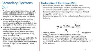 Secondary Electrons
(SE)
• Produced by inelastic interactions of high
energy electrons with valence electrons of
atoms in the specimen which cause the
ejection of the electrons from the atoms.
• After undergoing additional scattering
events while traveling through the
specimen, some of these ejected electrons
emerge from the surface of the specimen.
• Arbitrarily, such emergent electrons with
energies less than 50 eV are called
secondary electrons; 90% of secondary
electrons have energies less than 10 eV;
most, from 2 to 5 eV.
• Being low in energy they can be bent by the
bias from the detector and hence even
those secondary electrons which are not in
the ‘line of sight’ of the detector can be
captured.
19
Backscattered Electrons (BSE)
• Backscattered electrons (BSE) are beam electrons whose
trajectories have intercepted a surface usually, but not necessarily,
the entrance surface and which thus escape the specimen.
• Backscattered electrons remove a significant amount of the total
energy of the primary beam.
• Backscattering is quantified by the backscatter coefficient η which is
defined as
• where ηB is the number of beam electrons incident on the specimen
and ηBSE is the number of backscattered electrons (BSE).
• The backscatter coefficient can also be expressed in terms of
currents, where iB refers to the beam current injected into the
specimen and iBSE to the backscattered electron current passing out
of the specimen.
 