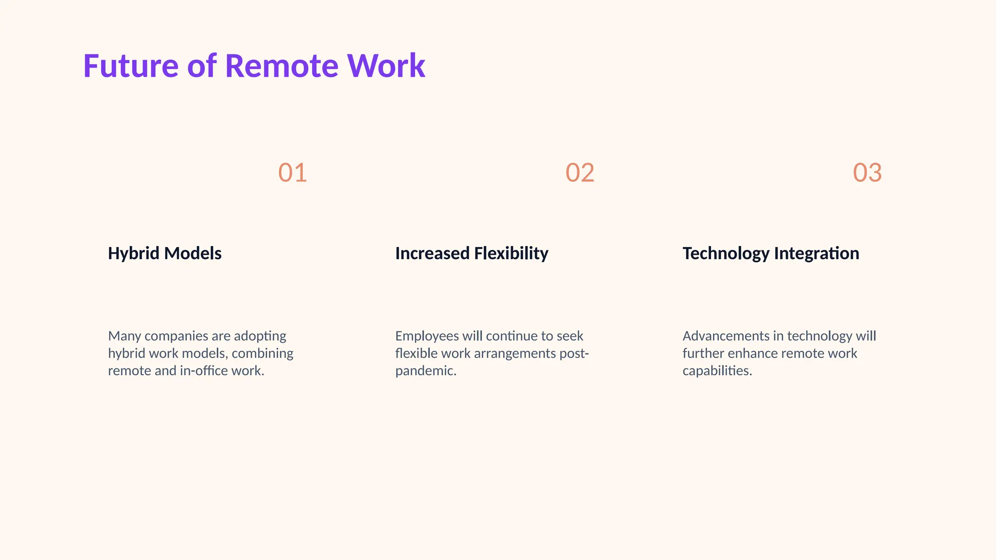 Future of Remote Work
01
Hybrid Models
Many companies are adopting
hybrid work models, combining
remote and in-office work.
02
Increased Flexibility
Employees will continue to seek
flexible work arrangements post-
pandemic.
03
Technology Integration
Advancements in technology will
further enhance remote work
capabilities.
 