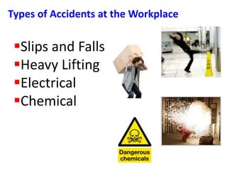 Types of Accidents at the Workplace
Slips and Falls
Heavy Lifting
Electrical
Chemical
 