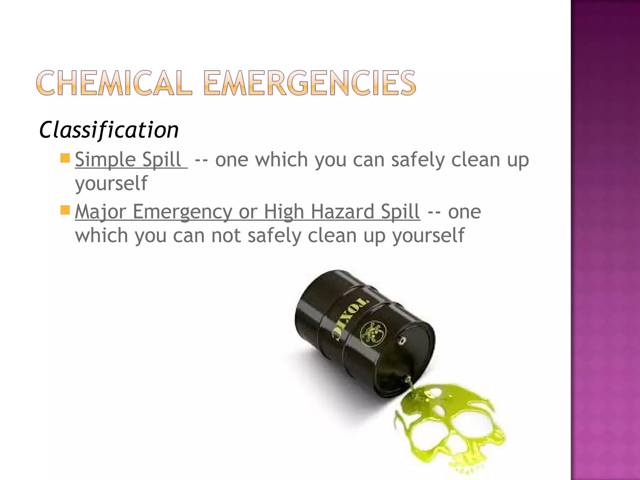 Classification 
Simple Spill -- one which you can safely clean up 
yourself 
Major Emergency or High Hazard Spill -- one 
which you can not safely clean up yourself 
 