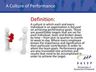 A Culture of Performance

            Definition:
            A culture in which each and every
            individual in an organization is focused
            on achieving performance goals. These
            are quantifiable targets that are set for
            each individual, team and broken down
            by time – from year to quarter to month
            to week to day. Where every employee
            knows the importance and significance of
            their particular contribution in order to
            attain the team goals. Performance goals
            are also translated into activities and
            results that need to be accomplished in
            order to achieve the target.
 