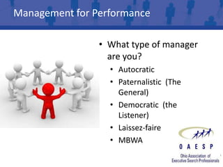 Management for Performance

                • What type of manager
                  are you?
                  • Autocratic
                  • Paternalistic (The
                    General)
                  • Democratic (the
                    Listener)
                  • Laissez-faire
                  • MBWA
 