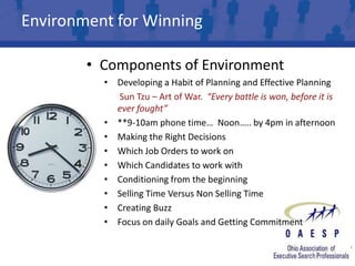 Environment for Winning

        • Components of Environment
          • Developing a Habit of Planning and Effective Planning
            Sun Tzu – Art of War. “Every battle is won, before it is
            ever fought”
          • **9-10am phone time… Noon….. by 4pm in afternoon
          • Making the Right Decisions
          • Which Job Orders to work on
          • Which Candidates to work with
          • Conditioning from the beginning
          • Selling Time Versus Non Selling Time
          • Creating Buzz
          • Focus on daily Goals and Getting Commitment
 