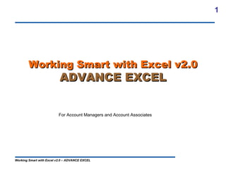1




        Working Smart with Excel v2.0
                          ADVANCE EXCEL


                          For Account Managers and Account Associates




Working Smart with Excel v2.0 – ADVANCE EXCEL
 