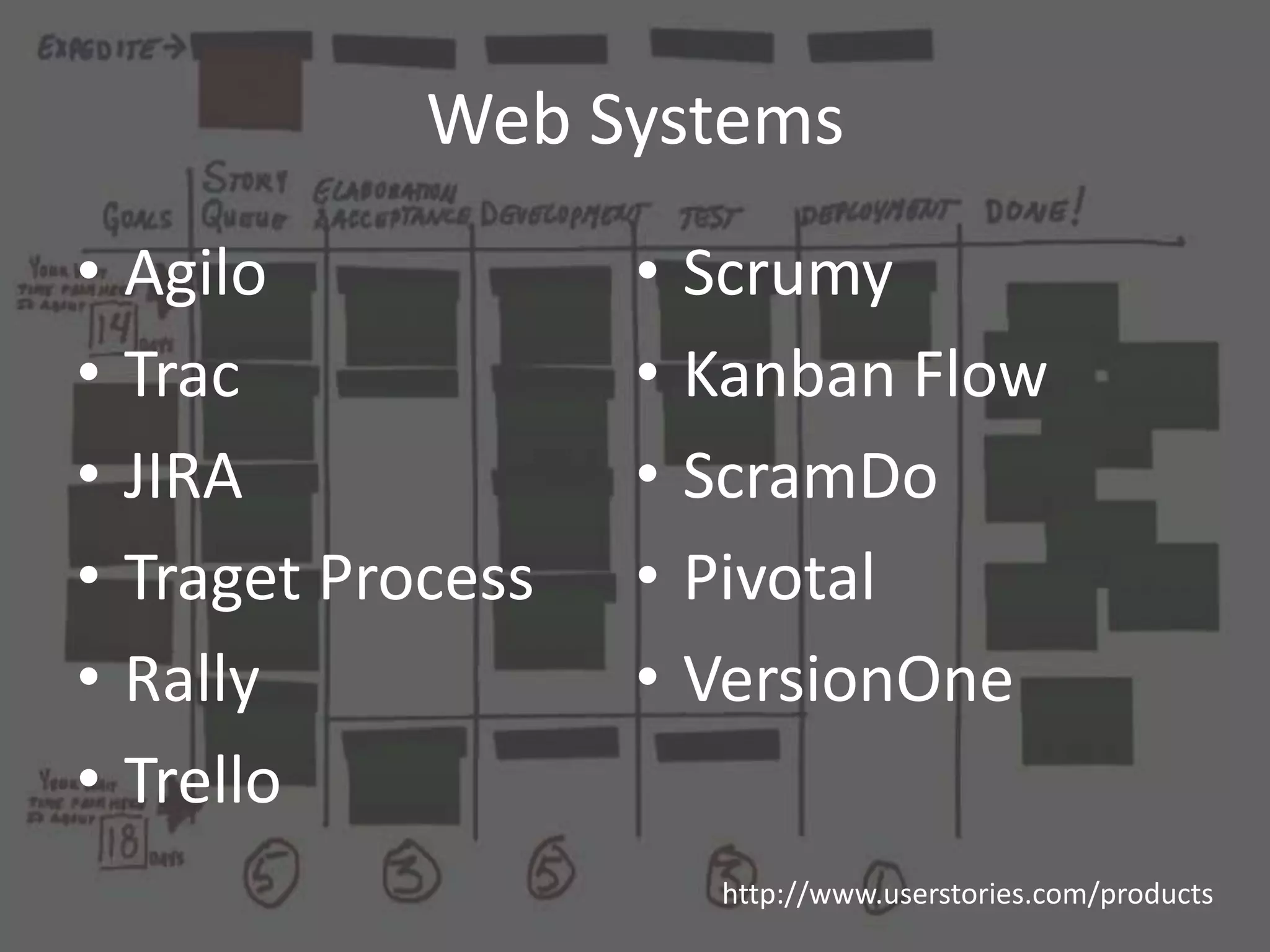 Web Systems • Agilo • Scrumy • Trac • Kanban Flow • JIRA • ScramDo • Traget Process • Pivotal • Rally • VersionOne • Trello http://www.userstories.com/products 