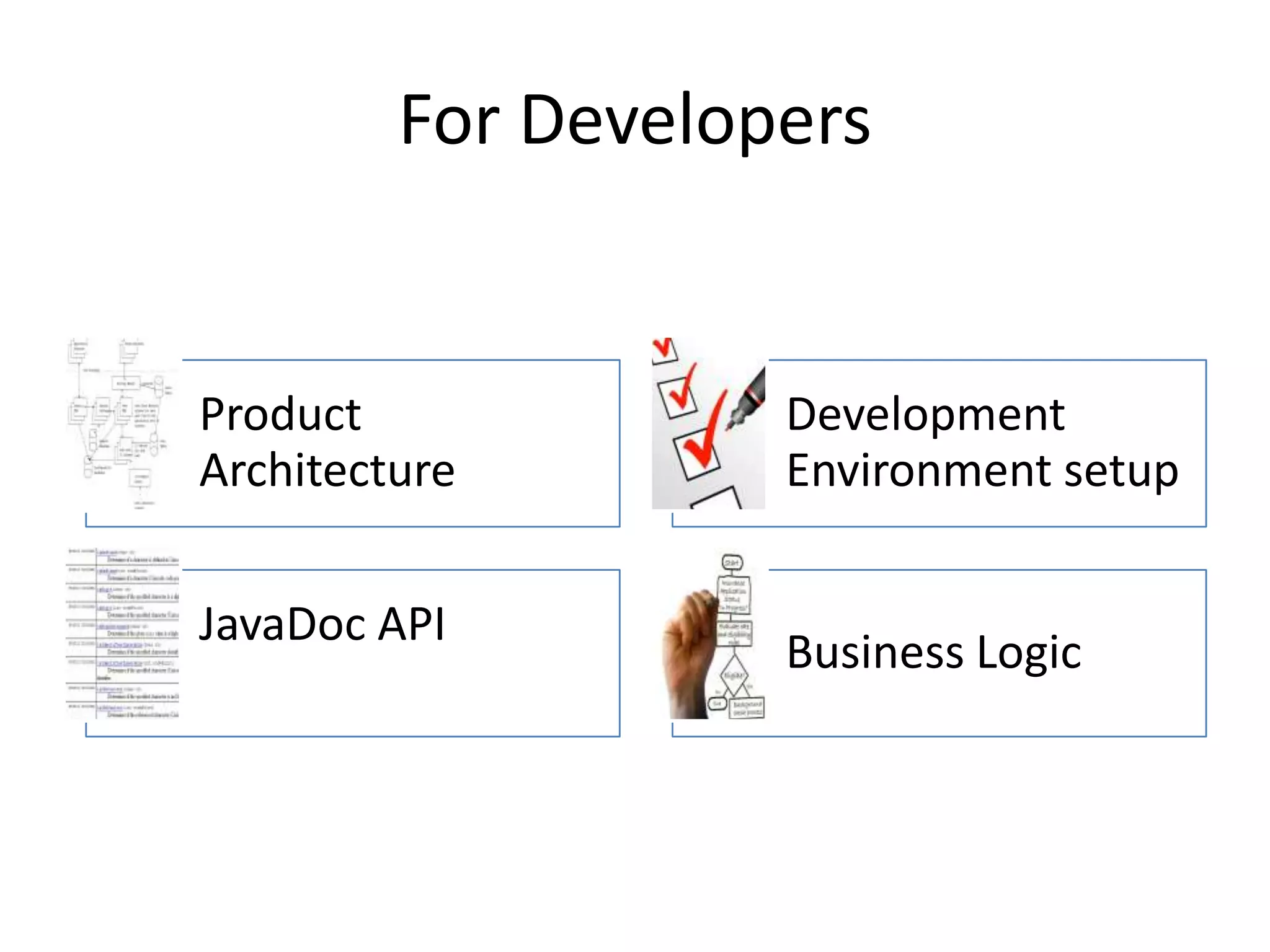 For Developers Product Development Architecture Environment setup JavaDoc API Business Logic 