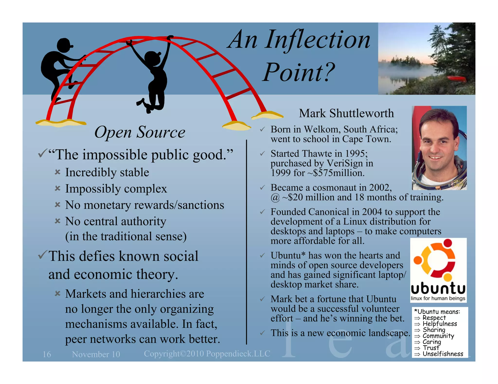 l e a n
An Inflection
Point?
Open Source
“The impossible public good.”
 Incredibly stable
 Impossibly complex
 No monetary rewards/sanctions
 No central authority
(in the traditional sense)
This defies known social
and economic theory.
 Markets and hierarchies are
no longer the only organizing
mechanisms available. In fact,
peer networks can work better.
November 1016 Copyright©2010 Poppendieck.LLC
Mark Shuttleworth
 Born in Welkom, South Africa;
went to school in Cape Town.
 Started Thawte in 1995;
purchased by VeriSign in
1999 for ~$575million.
 Became a cosmonaut in 2002,
@ ~$20 million and 18 months of training.
 Founded Canonical in 2004 to support the
development of a Linux distribution for
desktops and laptops – to make computers
more affordable for all.
 Ubuntu* has won the hearts and
minds of open source developers
and has gained significant laptop/
desktop market share.
 Mark bet a fortune that Ubuntu
would be a successful volunteer
effort – and he’s winning the bet.
 This is a new economic landscape.
*Ubuntu means:
 Respect
 Helpfulness
 Sharing
 Community
 Caring
 Trust
 Unselfishness
 