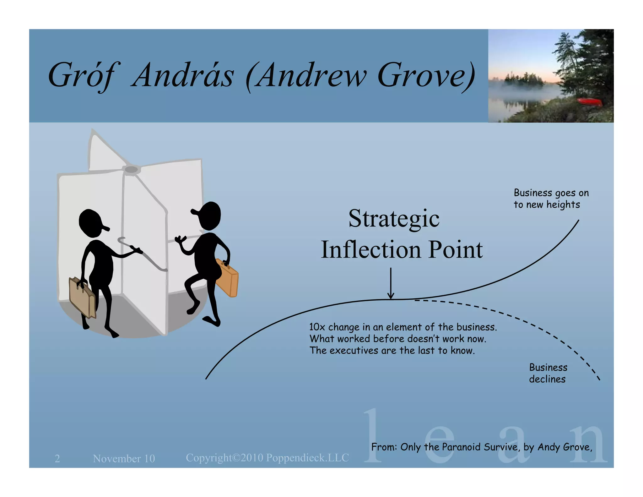 l e a n
Gróf András (Andrew Grove)
Strategic
Inflection Point
From: Only the Paranoid Survive, by Andy Grove,
Business goes on
to new heights
Business
declines
10x change in an element of the business.
What worked before doesn’t work now.
The executives are the last to know.
November 10 Copyright©2010 Poppendieck.LLC2
 