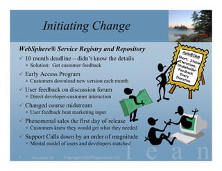 l e a n
Initiating Change
WebSphere® Service Registry and Repository
 10 month deadline – didn’t know the details
 Solution: Get customer feedback
 Early Access Program
 Customers download new version each month
 User feedback on discussion forum
 Direct developer-customer interaction
 Changed course midstream
 User feedback beat marketing input
 Phenomenal sales the first day of release
 Customers knew they would get what they needed
 Support Calls down by an order of magnitude
 Mental model of users and developers matched
November 10 Copyright©2010 Poppendieck.LLC7
 