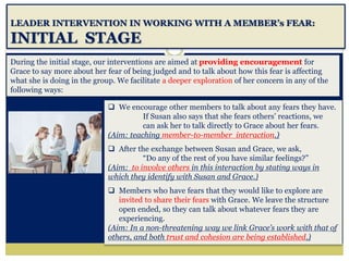 LEADER INTERVENTION IN WORKING WITH A MEMBER’s FEAR:
INITIAL STAGE
 We encourage other members to talk about any fears they have.
If Susan also says that she fears others’ reactions, we
can ask her to talk directly to Grace about her fears.
(Aim: teaching member-to-member interaction.)
 After the exchange between Susan and Grace, we ask,
“Do any of the rest of you have similar feelings?”
(Aim: to involve others in this interaction by stating ways in
which they identify with Susan and Grace.)
 Members who have fears that they would like to explore are
invited to share their fears with Grace. We leave the structure
open ended, so they can talk about whatever fears they are
experiencing.
(Aim: In a non-threatening way we link Grace’s work with that of
others, and both trust and cohesion are being established.)
During the initial stage, our interventions are aimed at providing encouragement for
Grace to say more about her fear of being judged and to talk about how this fear is affecting
what she is doing in the group. We facilitate a deeper exploration of her concern in any of the
following ways:
 