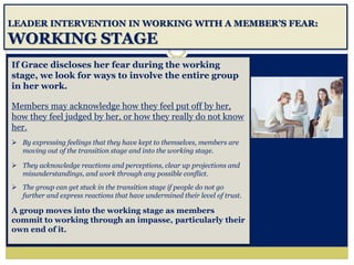 LEADER INTERVENTION IN WORKING WITH A MEMBER’S FEAR:
WORKING STAGE
If Grace discloses her fear during the working
stage, we look for ways to involve the entire group
in her work.
Members may acknowledge how they feel put off by her,
how they feel judged by her, or how they really do not know
her.
 By expressing feelings that they have kept to themselves, members are
moving out of the transition stage and into the working stage.
 They acknowledge reactions and perceptions, clear up projections and
misunderstandings, and work through any possible conflict.
 The group can get stuck in the transition stage if people do not go
further and express reactions that have undermined their level of trust.
A group moves into the working stage as members
commit to working through an impasse, particularly their
own end of it.
 
