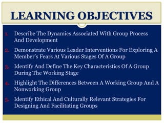 LEARNING OBJECTIVES
1. Describe The Dynamics Associated With Group Process
And Development
2. Demonstrate Various Leader Interventions For Exploring A
Member’s Fears At Various Stages Of A Group
3. Identify And Define The Key Characteristics Of A Group
During The Working Stage
4. Highlight The Differences Between A Working Group And A
Nonworking Group
5. Identify Ethical And Culturally Relevant Strategies For
Designing And Facilitating Groups
 