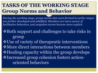 TASKS OF THE WORKING STAGE
Group Norms and Behavior
During the working stage, group norms that were formed in earlier stages
are further developed and solidified. Members are more aware of
facilitative behaviors, and unspoken norms become more explicit.
Both support and challenges to take risks in
group
Use of variety of therapeutic interventions
More direct interactions between members
Healing capacity within the group develops
Increased group cohesion fosters action-
oriented behaviors
 