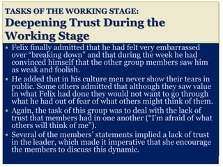 TASKS OF THE WORKING STAGE:
Deepening Trust During the
Working Stage
 Felix finally admitted that he had felt very embarrassed
over “breaking down” and that during the week he had
convinced himself that the other group members saw him
as weak and foolish.
 He added that in his culture men never show their tears in
public. Some others admitted that although they saw value
in what Felix had done they would not want to go through
what he had out of fear of what others might think of them.
 Again, the task of this group was to deal with the lack of
trust that members had in one another (“I’m afraid of what
others will think of me”).
 Several of the members’ statements implied a lack of trust
in the leader, which made it imperative that she encourage
the members to discuss this dynamic.
 