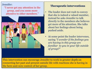 This intervention can encourage Jennifer to work in greater depth on
connecting her past and present outside life with reactions she is having in
the here-and-now context of her group.
Therapeutic interventions
• The leader does not rush to convey
that she is indeed a valued member,
instead he asks Jennifer to talk
directly to the members she believes
get more of his attention. She talks
about her feelings about being
pushed aside.
• At some point the leader intervenes,
saying “I wonder if the feelings you
are having in this group are
familiar to you in your life outside
of group?”
Jennifer:
“I never get any attention in the
group, and you seem more
attentive to other members.”
 