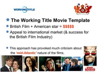 The Working Title Movie Template
British Film + American star = $$$$$
Appeal to international market (& success for
the British Film Industry)
This approach has provoked much criticism about
the ‘mid-Atlantic’ nature of the films.
 