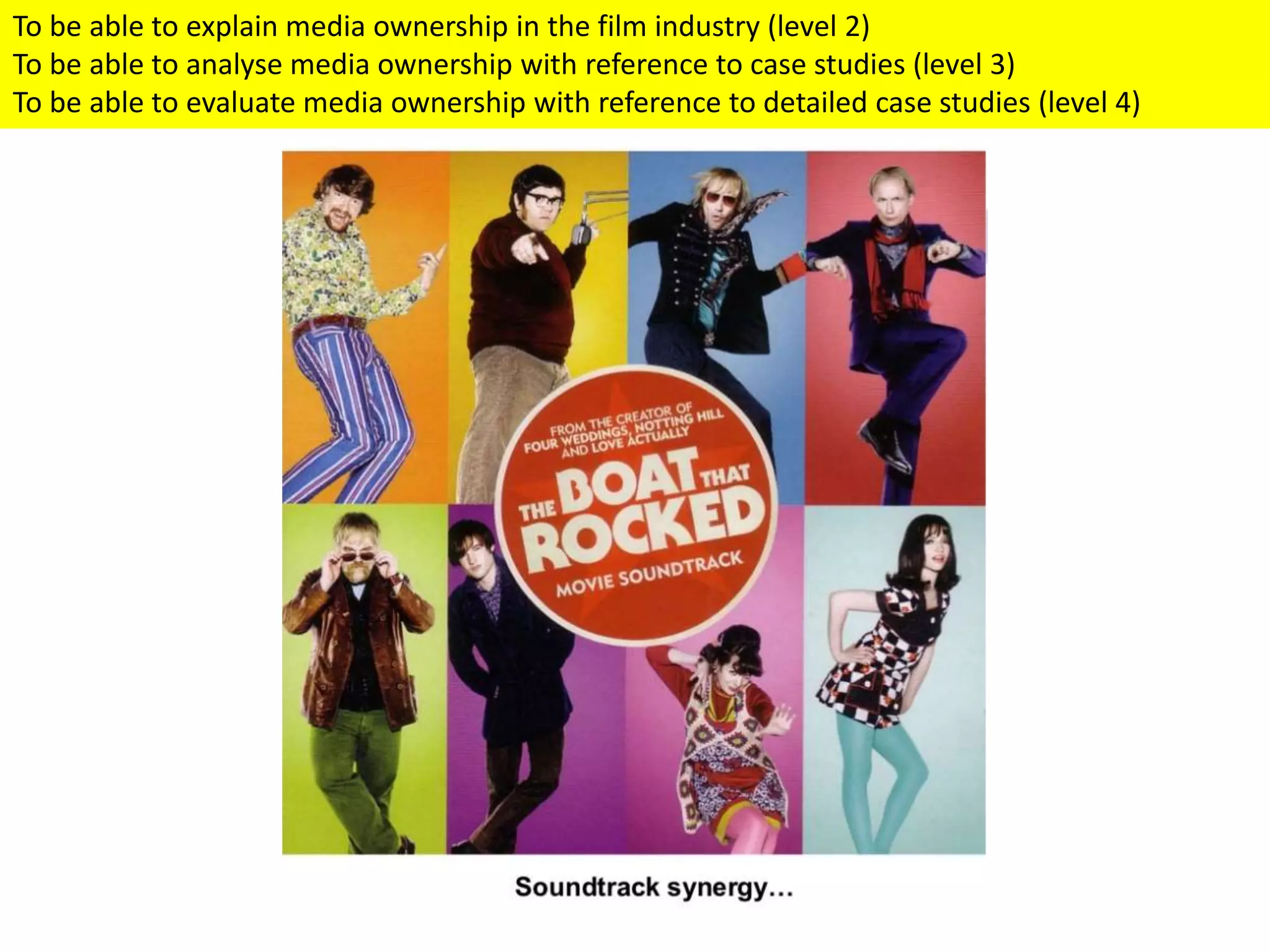 To be able to explain media ownership in the film industry (level 2)
To be able to analyse media ownership with reference to case studies (level 3)
To be able to evaluate media ownership with reference to detailed case studies (level 4)
 
