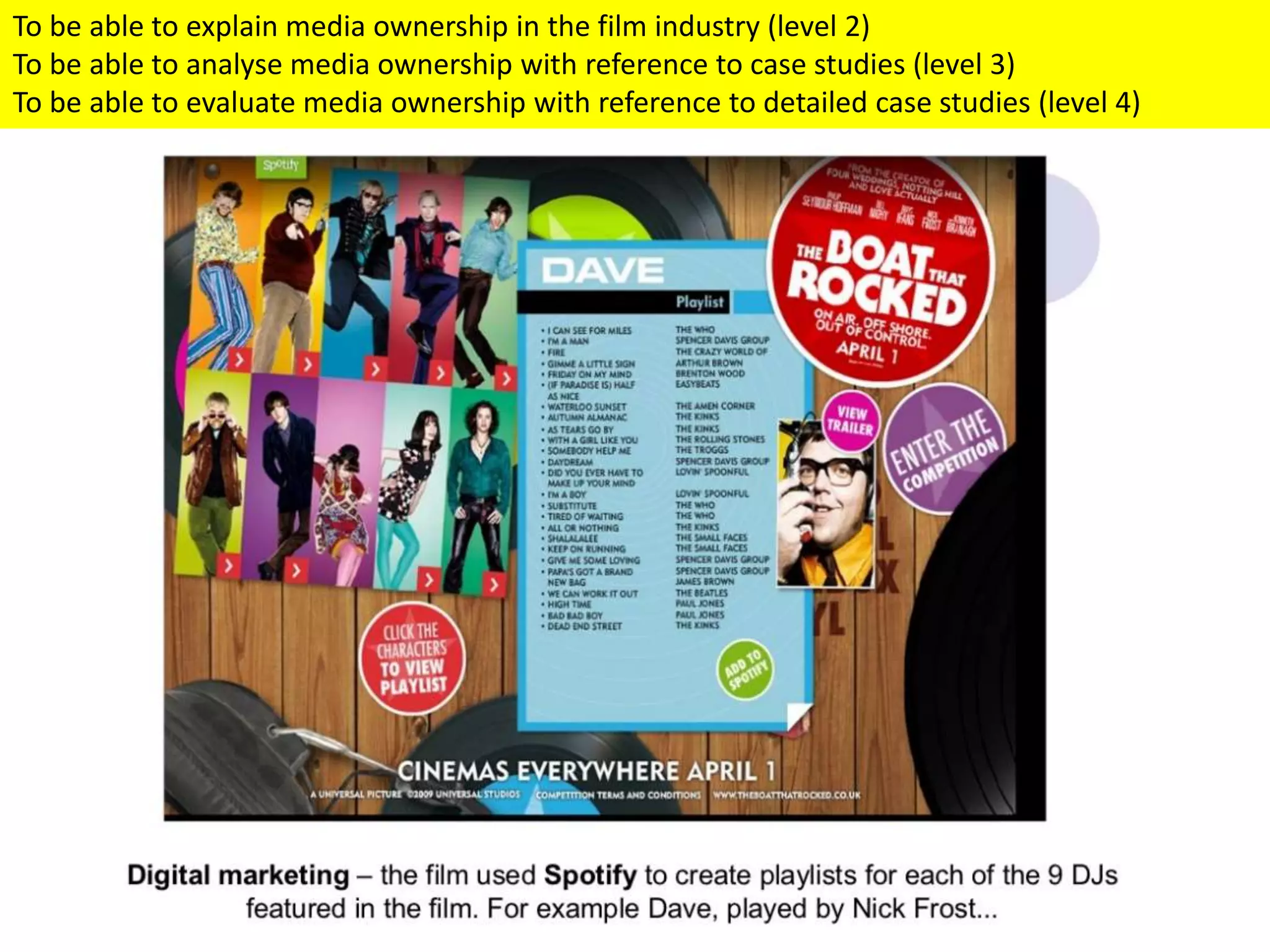 To be able to explain media ownership in the film industry (level 2)
To be able to analyse media ownership with reference to case studies (level 3)
To be able to evaluate media ownership with reference to detailed case studies (level 4)
 
