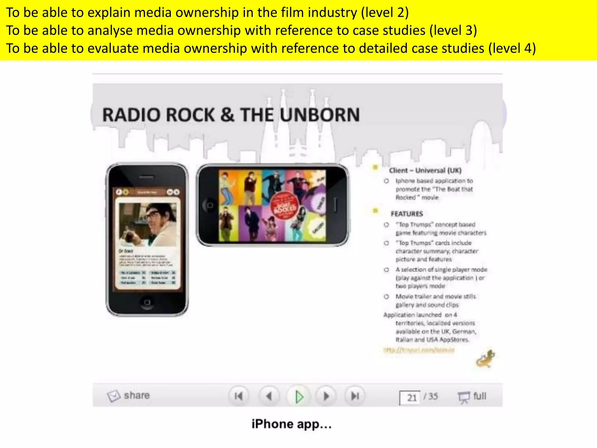 To be able to explain media ownership in the film industry (level 2)
To be able to analyse media ownership with reference to case studies (level 3)
To be able to evaluate media ownership with reference to detailed case studies (level 4)
 