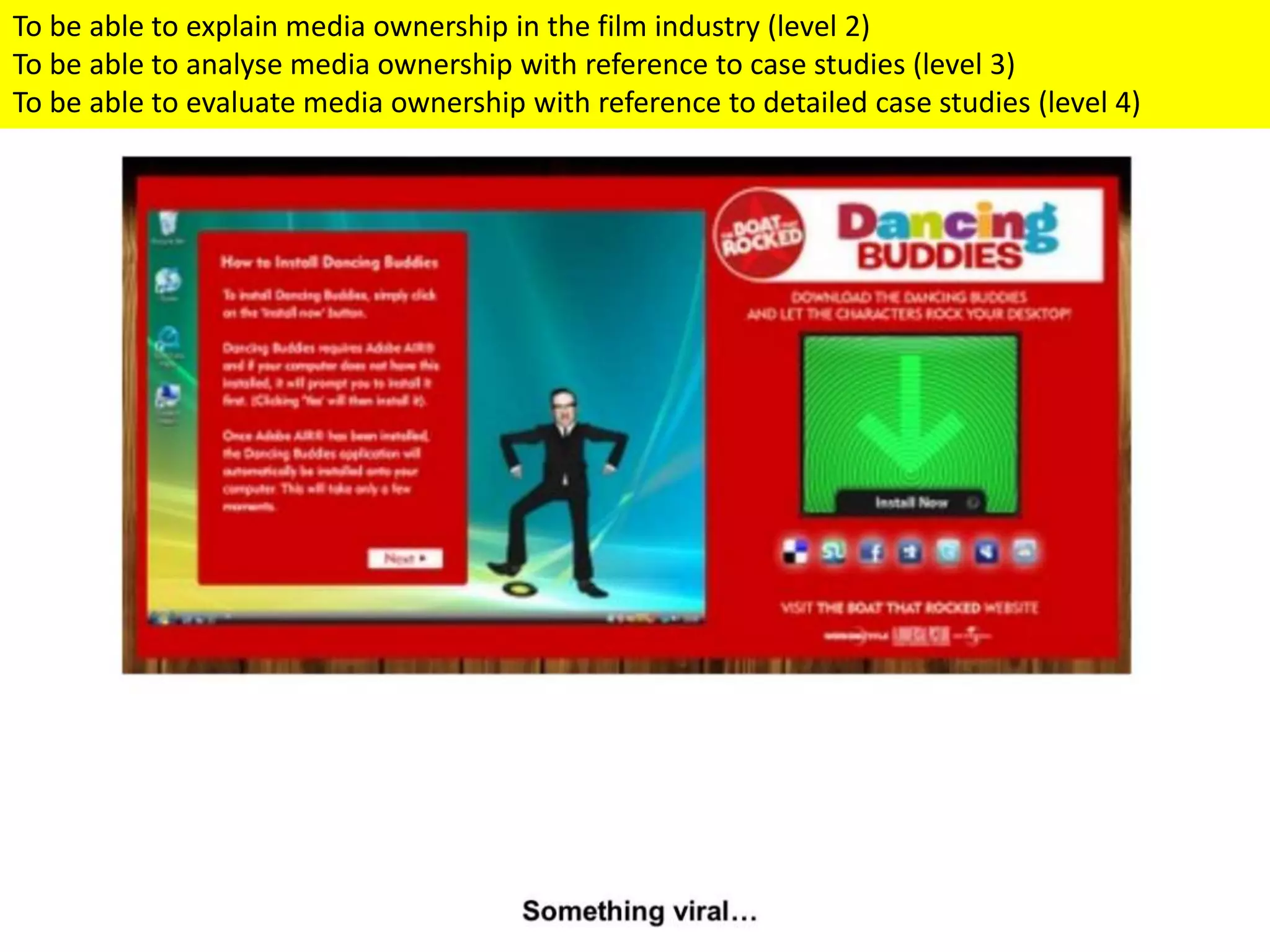 To be able to explain media ownership in the film industry (level 2)
To be able to analyse media ownership with reference to case studies (level 3)
To be able to evaluate media ownership with reference to detailed case studies (level 4)
 