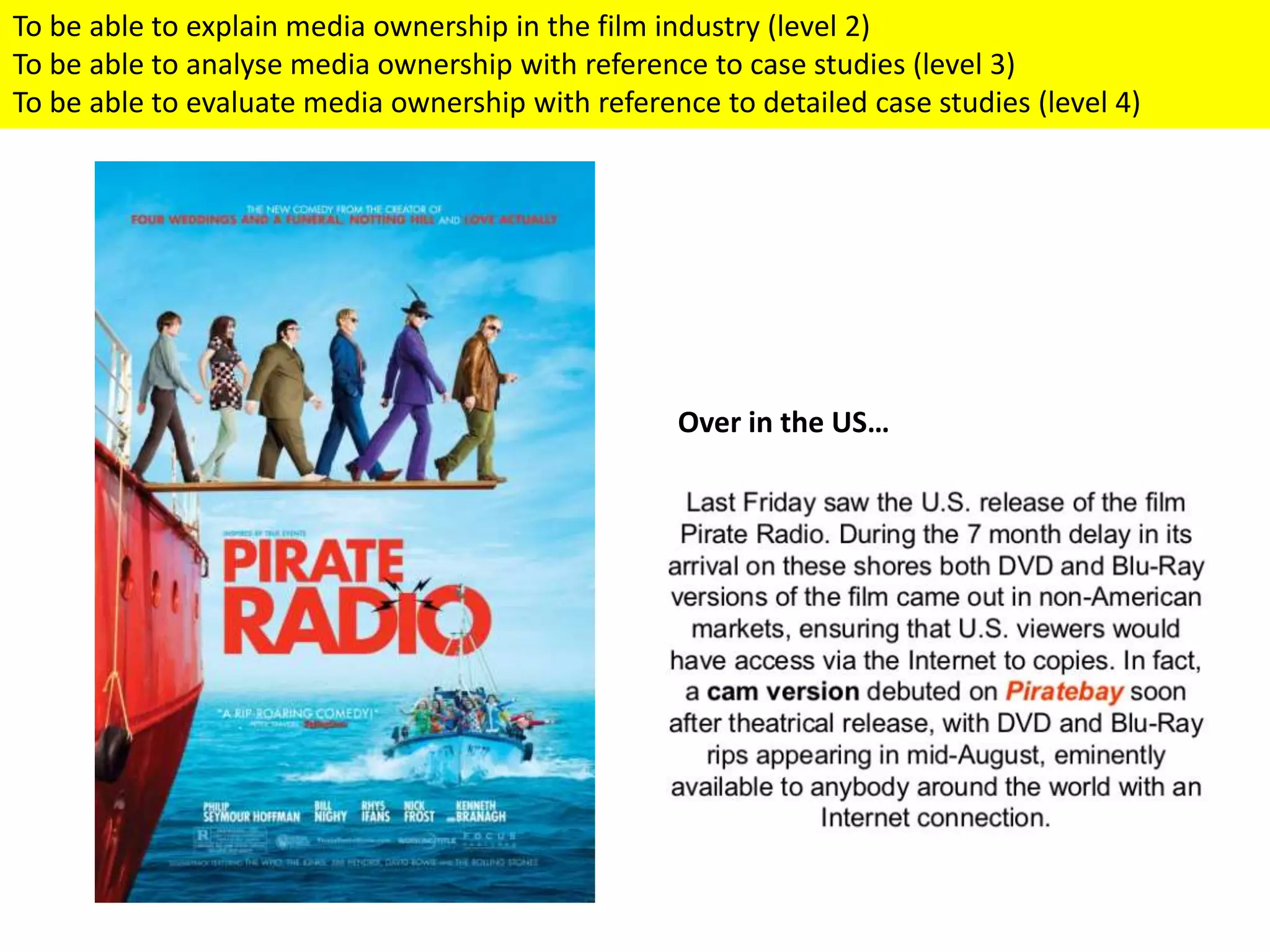 Over in the US…
To be able to explain media ownership in the film industry (level 2)
To be able to analyse media ownership with reference to case studies (level 3)
To be able to evaluate media ownership with reference to detailed case studies (level 4)
 