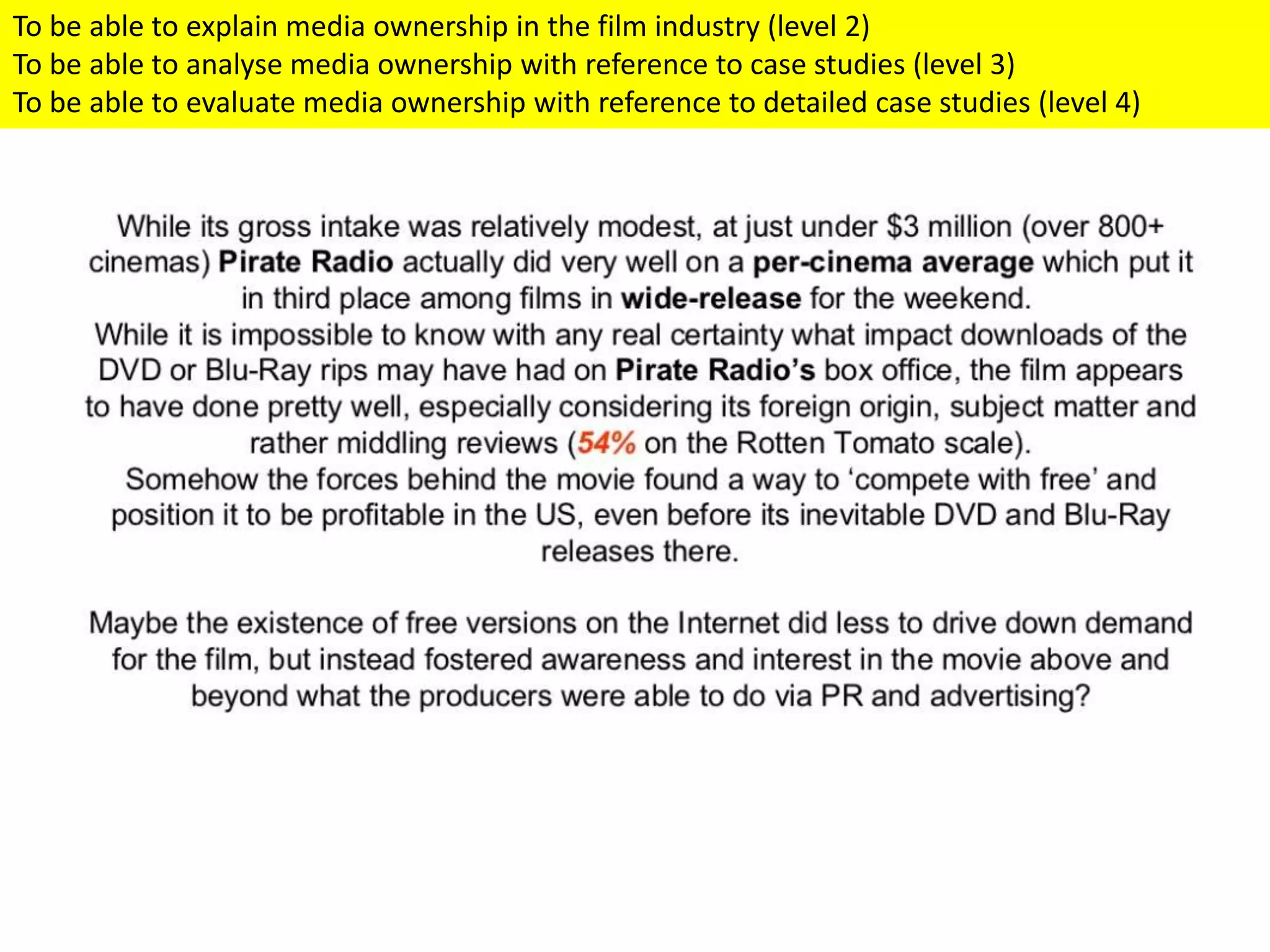 To be able to explain media ownership in the film industry (level 2)
To be able to analyse media ownership with reference to case studies (level 3)
To be able to evaluate media ownership with reference to detailed case studies (level 4)
 