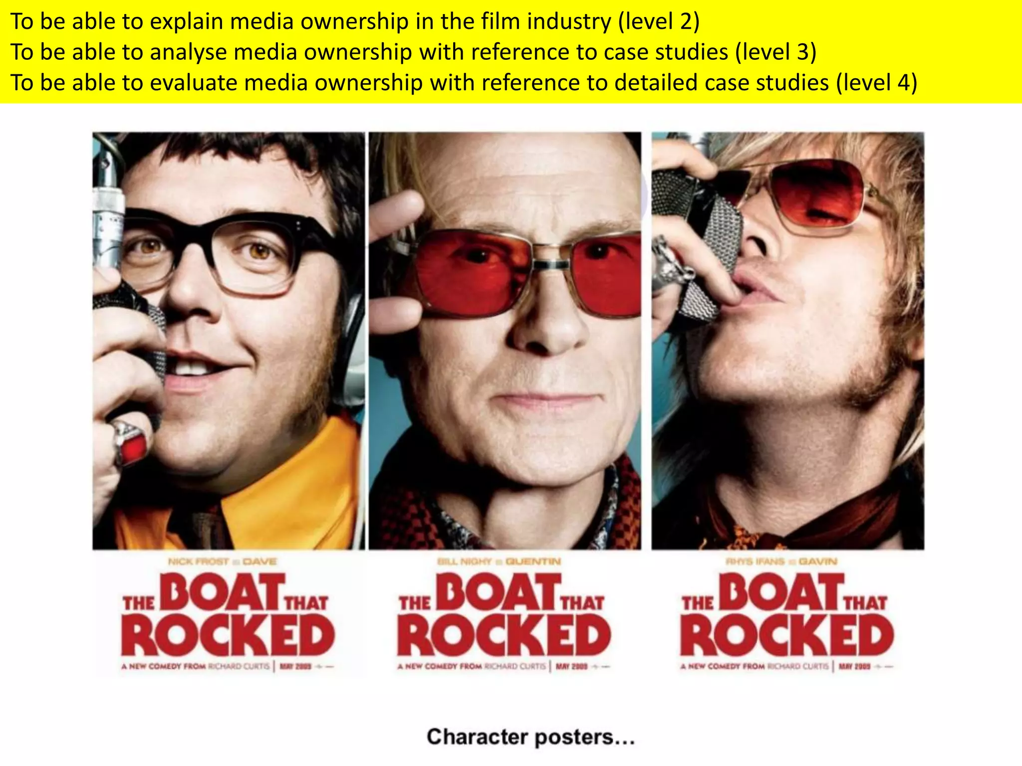 To be able to explain media ownership in the film industry (level 2)
To be able to analyse media ownership with reference to case studies (level 3)
To be able to evaluate media ownership with reference to detailed case studies (level 4)
 