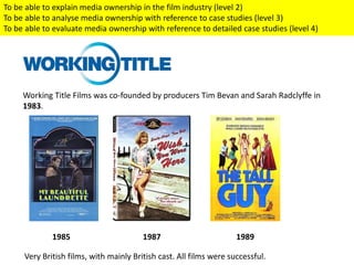 Working Title Films was co-founded by producers Tim Bevan and Sarah Radclyffe in
1983.
1985 1987 1989
Very British films, with mainly British cast. All films were successful.
To be able to explain media ownership in the film industry (level 2)
To be able to analyse media ownership with reference to case studies (level 3)
To be able to evaluate media ownership with reference to detailed case studies (level 4)
 