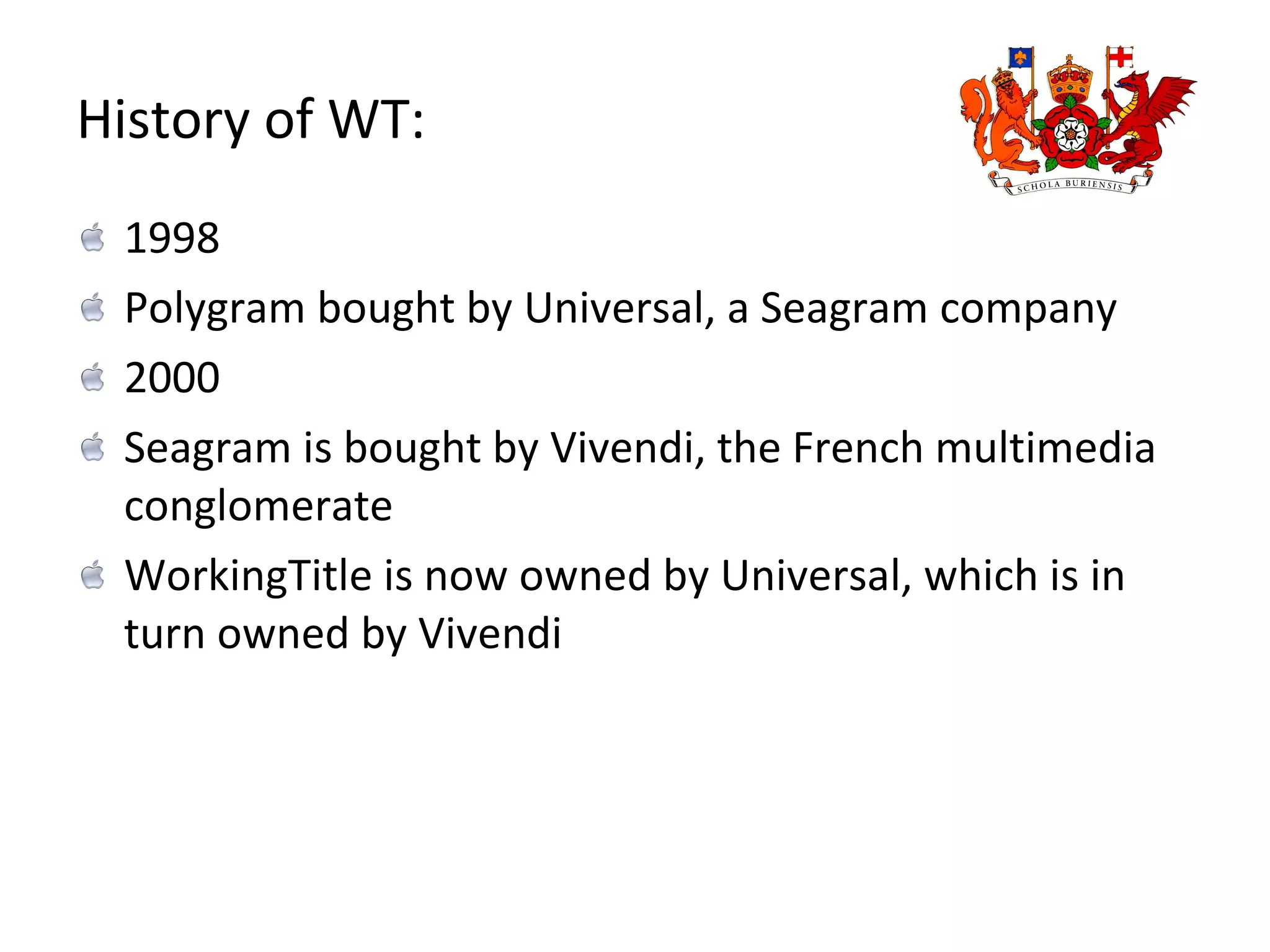History of WT: 1998  Polygram bought by Universal, a Seagram company 2000 Seagram is bought by Vivendi, the French multimedia conglomerate WorkingTitle is now owned by Universal, which is in turn owned by Vivendi 