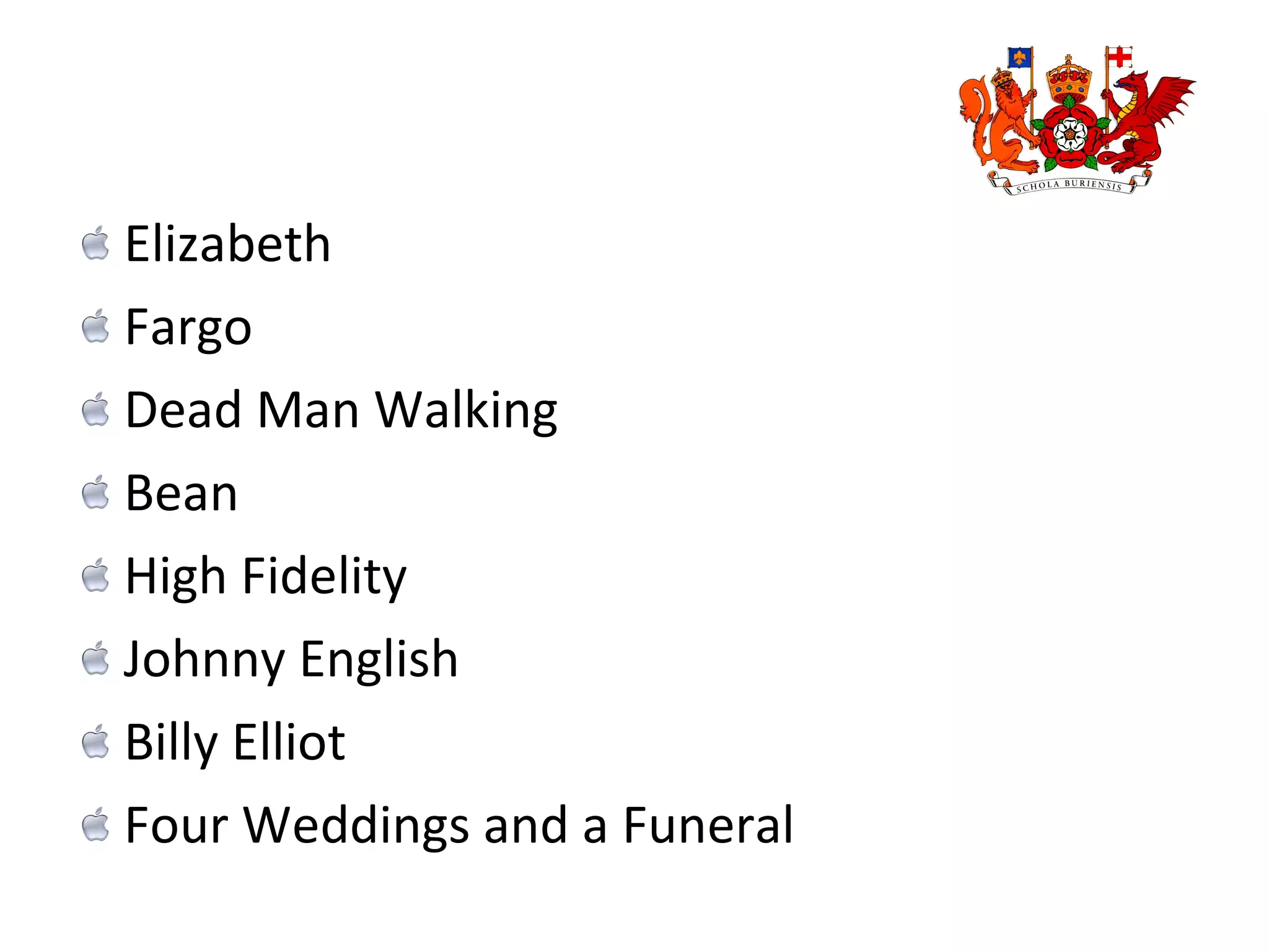 Elizabeth Fargo Dead Man Walking Bean High Fidelity Johnny English Billy Elliot Four Weddings and a Funeral 