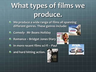 What types of films we
      produce.
We produce a wide range of films all spanning
different genres. These genres include:

Comedy- Mr Beans Holiday

Romance – Bridget Jones Diary

In more recent films sci-fi – Paul

and hard hitting action.
 