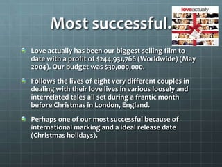 Most successful.
Love actually has been our biggest selling film to
date with a profit of $244,931,766 (Worldwide) (May
2004). Our budget was $30,000,000.
Follows the lives of eight very different couples in
dealing with their love lives in various loosely and
interrelated tales all set during a frantic month
before Christmas in London, England.
Perhaps one of our most successful because of
international marking and a ideal release date
(Christmas holidays).
 