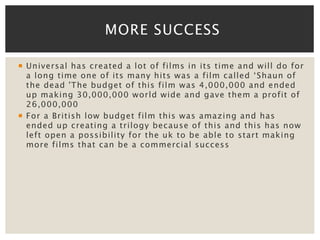 MORE SUCCESS 
 Universal has created a lot of fi lms in its time and wi l l do for 
a l o n g t ime o n e o f i t s ma n y h i t s wa s a f i lm c a l l e d ‘ S h a u n o f 
the dead 'The budget of this fi lm was 4,000,000 and ended 
up making 30,000,000 world wide and gave them a profit of 
26,000,000 
 For a British low budget fi lm this was amazing and has 
ended up creating a tri logy because of this and this has now 
left open a possibi l ity for the uk to be able to start making 
more fi lms that can be a commercial success 
