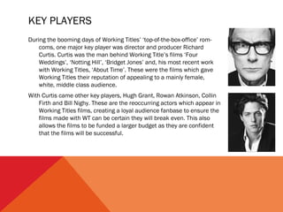 KEY PLAYERS
During the booming days of Working Titles’ ‘top-of-the-box-office’ rom-
coms, one major key player was director and producer Richard
Curtis. Curtis was the man behind Working Title’s films ‘Four
Weddings’, ‘Notting Hill’, ‘Bridget Jones’ and, his most recent work
with Working Titles, ‘About Time’. These were the films which gave
Working Titles their reputation of appealing to a mainly female,
white, middle class audience.
With Curtis came other key players, Hugh Grant, Rowan Atkinson, Collin
Firth and Bill Nighy. These are the reoccurring actors which appear in
Working Titles films, creating a loyal audience fanbase to ensure the
films made with WT can be certain they will break even. This also
allows the films to be funded a larger budget as they are confident
that the films will be successful.
 