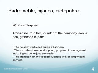 Padre noble, hijorico, nietopobre.What can happen. Translation: “Father, founder of the company, son is rich, grandson is poor.”• The founder works and builds a business• The son takes it over and is poorly prepared to manage and make it grow but enjoys the wealth• The grandson inherits a dead business with an empty bank account.4©2011 Business Success Center, 
