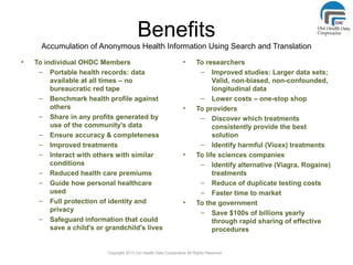 Benefits
Accumulation of Anonymous Health Information Using Search and Translation
• To individual OHDC Members
– Portable...