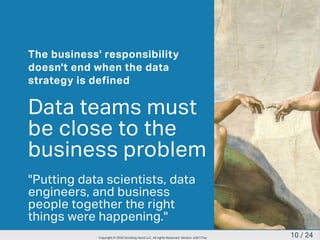 The business' responsibility
doesn't end when the data
strategy is defined
Data teams must
be close to the
business problem
"Putting data scientists, data
engineers, and business
people together the right
things were happening."
10 / 24Copyright © 2020 Smoking Hand LLC. All rights Reserved. Version: a5d177ac
 