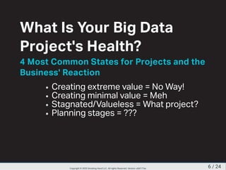 What Is Your Big Data
Project's Health?
4 Most Common States for Projects and the
Business' Reaction
Creating extreme value = No Way!
Creating minimal value = Meh
Stagnated/Valueless = What project?
Planning stages = ???
6 / 24Copyright © 2020 Smoking Hand LLC. All rights Reserved. Version: a5d177ac
 