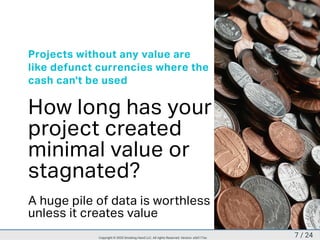 Projects without any value are
like defunct currencies where the
cash can't be used
How long has your
project created
minimal value or
stagnated?
A huge pile of data is worthless
unless it creates value
7 / 24Copyright © 2020 Smoking Hand LLC. All rights Reserved. Version: a5d177ac
 