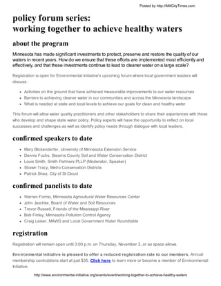 Posted by http://MillCityTimes.com


policy forum series:
working together to achieve healthy waters
about the program
Min...