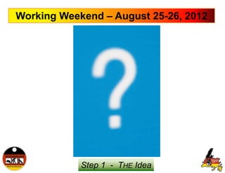 Working Weekend – August 25-26, 2012




            Step 1 - THE Idea
 