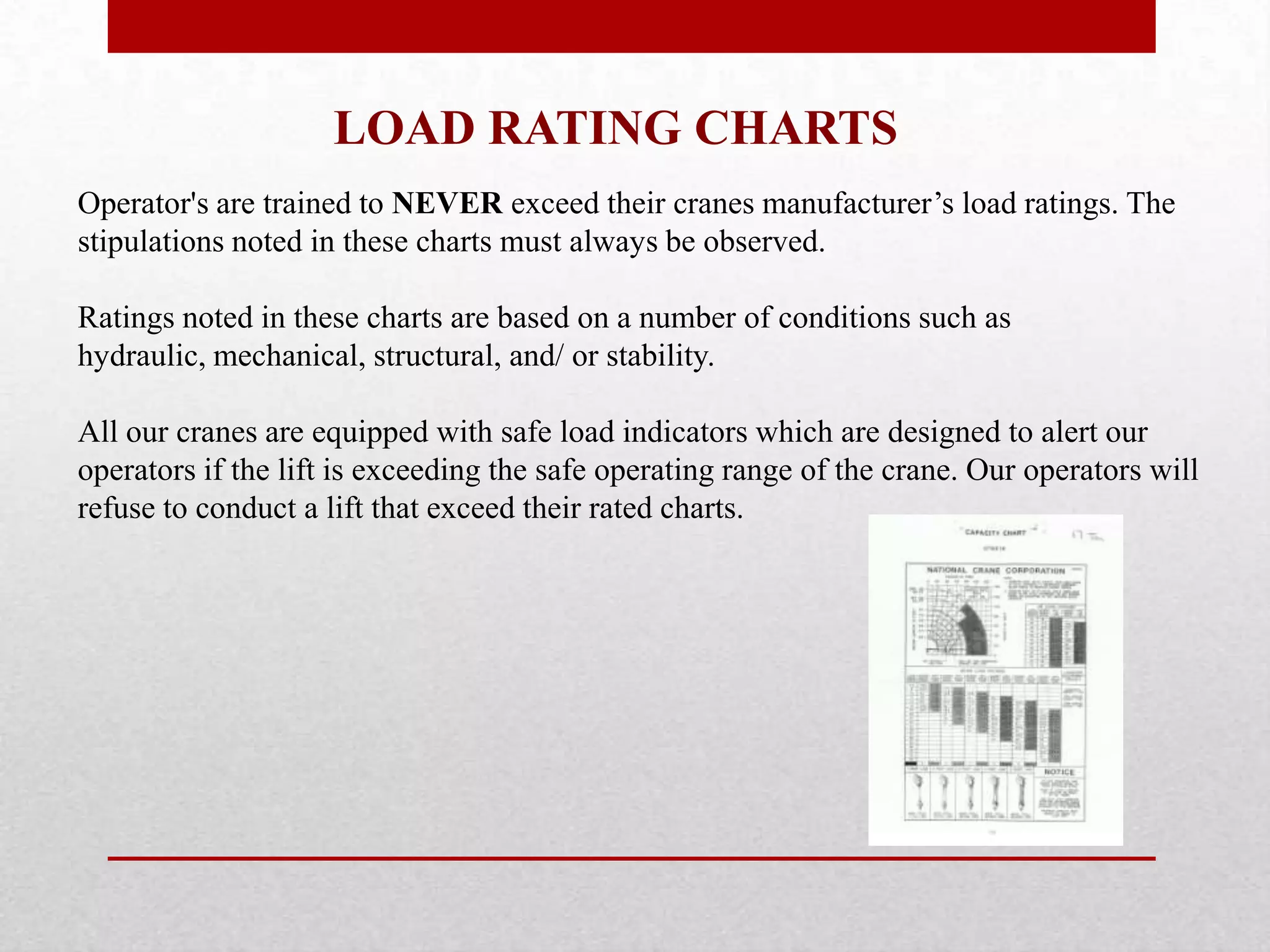 LOAD RATING CHARTS
Operator's are trained to NEVER exceed their cranes manufacturer’s load ratings. The
stipulations noted in these charts must always be observed.
Ratings noted in these charts are based on a number of conditions such as
hydraulic, mechanical, structural, and/ or stability.
All our cranes are equipped with safe load indicators which are designed to alert our
operators if the lift is exceeding the safe operating range of the crane. Our operators will
refuse to conduct a lift that exceed their rated charts.
 