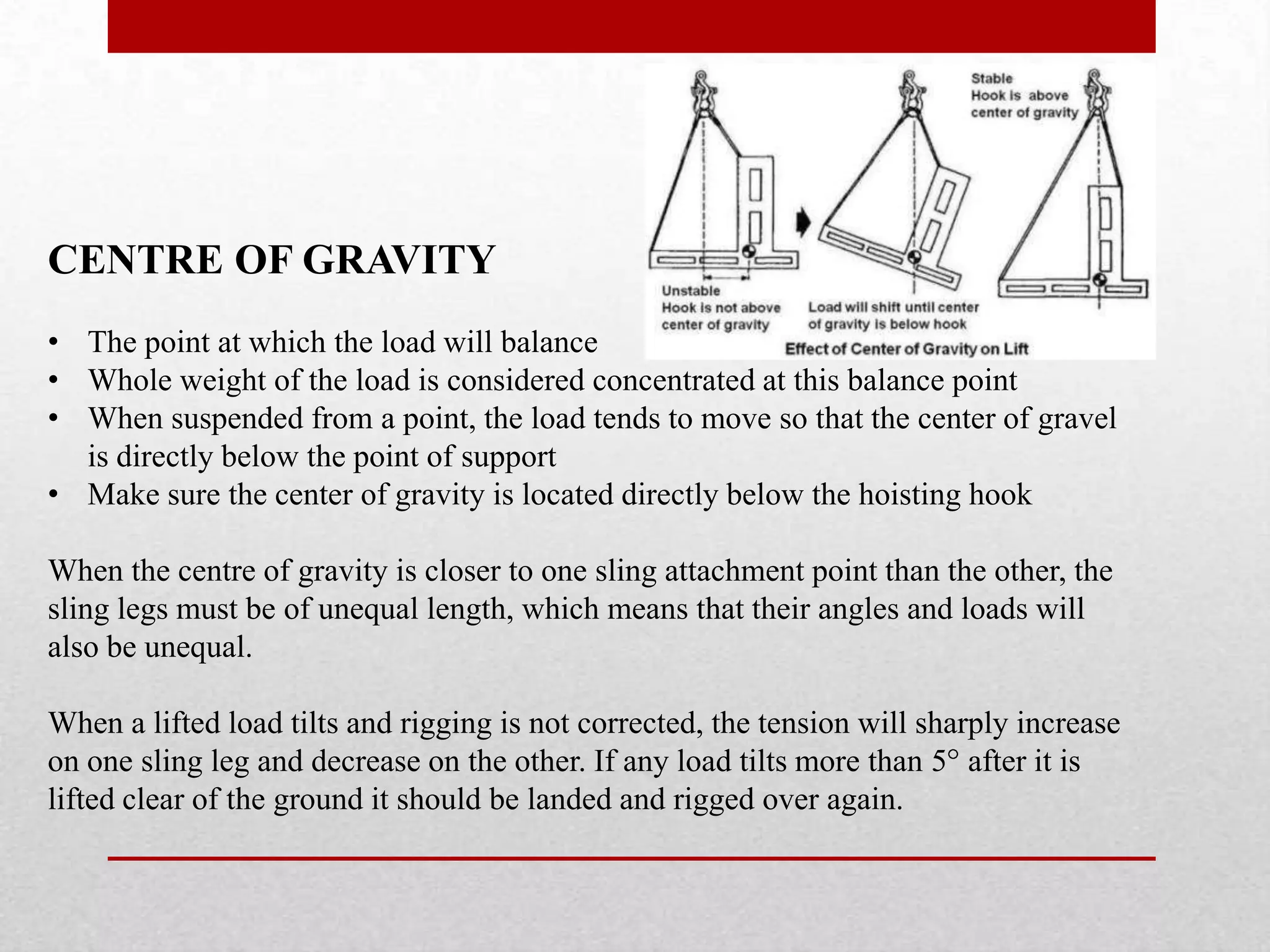 CENTRE OF GRAVITY
• The point at which the load will balance
• Whole weight of the load is considered concentrated at this balance point
• When suspended from a point, the load tends to move so that the center of gravel
is directly below the point of support
• Make sure the center of gravity is located directly below the hoisting hook
When the centre of gravity is closer to one sling attachment point than the other, the
sling legs must be of unequal length, which means that their angles and loads will
also be unequal.
When a lifted load tilts and rigging is not corrected, the tension will sharply increase
on one sling leg and decrease on the other. If any load tilts more than 5 after it is
lifted clear of the ground it should be landed and rigged over again.
 