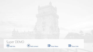 <div class="ms-Grid">
<div class="ms-Grid-row">
<div class="ms-Grid-col ms-u-md12">
<h1>Super DEMO</h1>
</div>
</div>
</div>
<div class="ms-Grid-row">
<div class="ms-Grid-col ms-u-md2">
<a id="addLists" href="#"><i class="ms-Icon ms-Icon--circlePlus" style="font-size: xx-large" aria-
hidden="true"></i>Add lists</a>
</div>
 