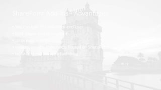 SharePoint Add-ins - Advantages
• You can hide the lists from end-user
• Both pages and an app part
• .aspx page – HTML
• Images, scripts, stylesheets hosted on SharePoint
• Isolated is not always a bad thing
 