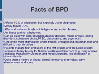 Facts of BPD Affects 1-2% of population; but is grossly under diagnosed; Mostly female 70%; Affects all cultures, levels of intelligence and social classes; An Illness and not a behavior;  Can co-exist with other disorders (bipolar disorder, mood, anxiety, eating disorders, substance abuse,PTSD, dissociative, and psychotic); One of the most stigmatized, under treated, undiagnosed, misdiagnosed and difficult to treat disorders; Patients that are high end users of the MH system and the Legal system;  Increased family history for Substance-Related Disorders (e.g., drug abuse), Antisocial Personality Disorder, and Mood Disorders, like depression or bipolar disorder;  Quite often a history of abuse: sexual, emotional or physical; early abandonment or divorce.  
